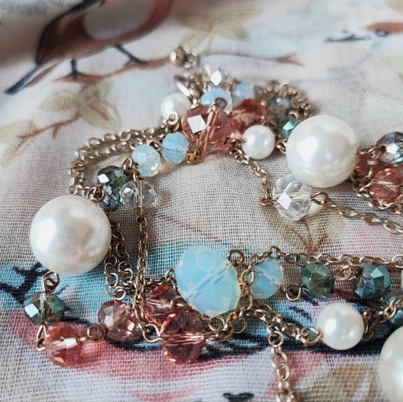 Beads and Baubles Moonstone Faceted Extra Long Necklace Pastel Dual Chain Pearls - Picture 8 of 12